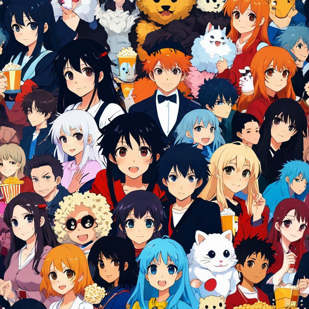 A captivating collage featuring various anime characters from mature series in vibrant colors, illustrated against a backdrop of digital streaming platforms. Include iconic elements like a remote control, popcorn, and a cozy viewing environment. Show diverse emotions like excitement and laughter to emphasize the community aspect of anime streaming. Use a blend of realism and stylization, with a slight anime flair. super-realistic. vibrant colors. digital art.